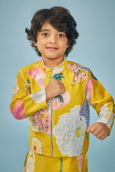 Buy_Joey & Pooh_Yellow Chanderi, Cotton, Viscose Embroidery Designer Kurta Set _Online_at_Aza_Fashions