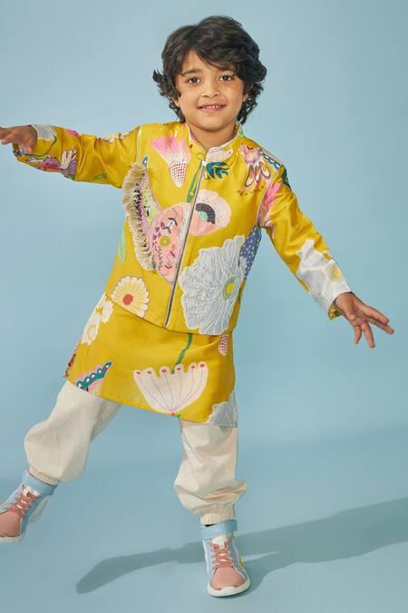 Shop_Joey & Pooh_Yellow Chanderi, Cotton, Viscose Embroidery Designer Kurta Set _Online_at_Aza_Fashions