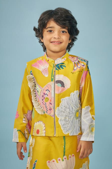 Joey & Pooh_Yellow Chanderi, Cotton, Viscose Embroidery Designer Kurta Set _at_Aza_Fashions