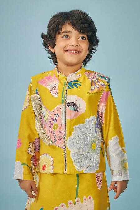 Shop_Joey & Pooh_Yellow Chanderi, Cotton, Viscose Embroidery Designer Kurta Set 