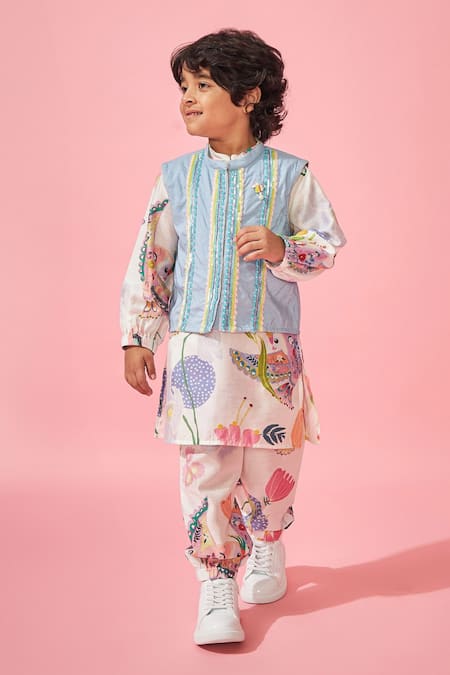 Joey And Pooh White Floral Print Kurta Set 