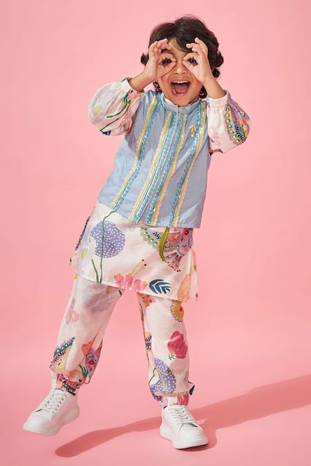 Shop_Joey & Pooh_White , , Embroidery Floral Print Kurta Set _Online_at_Aza_Fashions