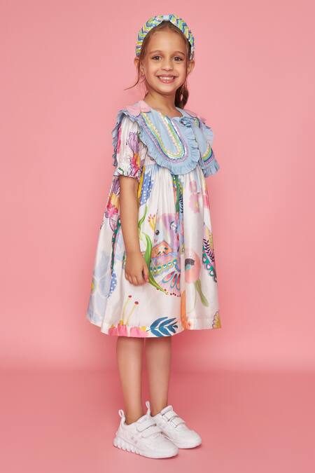 Joey & Pooh_White Cotton, Chanderi Ruffles, Embroidery Floral Print Dress _Online_at_Aza_Fashions