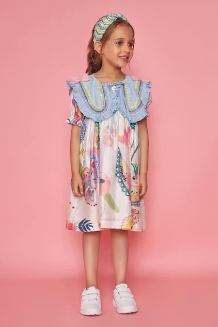 Buy_Joey & Pooh_White Cotton, Chanderi Ruffles, Embroidery Floral Print Dress _Online_at_Aza_Fashions