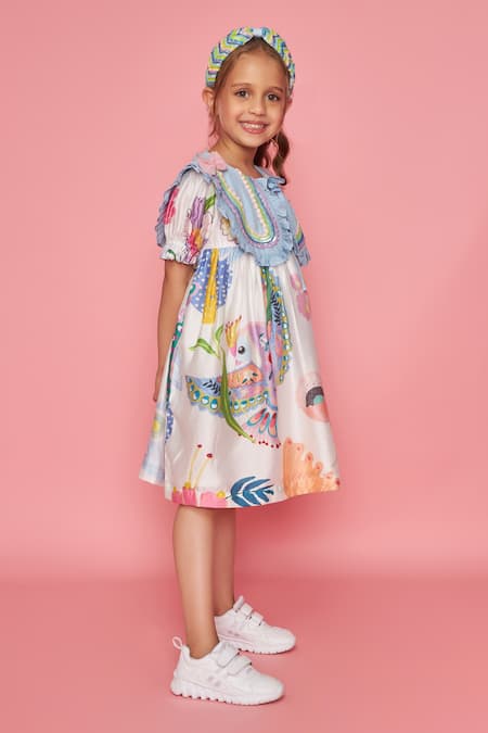 Shop_Joey & Pooh_White Cotton, Chanderi Ruffles, Embroidery Floral Print Dress _Online_at_Aza_Fashions