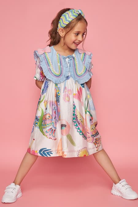 Joey & Pooh_White Cotton, Chanderi Ruffles, Embroidery Floral Print Dress _at_Aza_Fashions