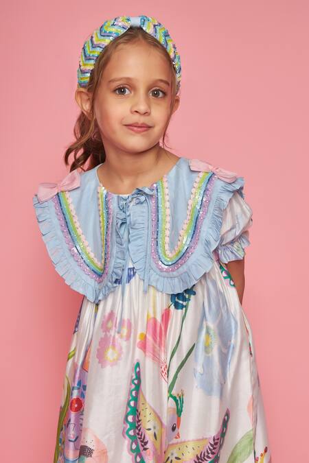 Buy_Joey & Pooh_White Cotton, Chanderi Ruffles, Embroidery Floral Print Dress 