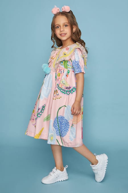 Joey & Pooh_Pink Chanderi, Viscose, Cotton, Shantoon Embroidery Dress _at_Aza_Fashions