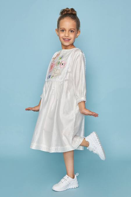 Joey & Pooh_White Chanderi, Shantoon Embroidery Dress _Online_at_Aza_Fashions