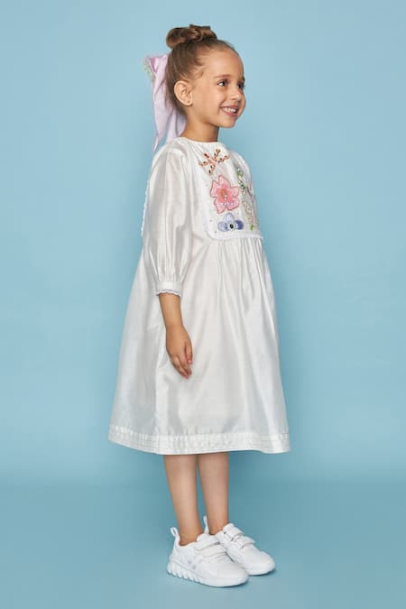 Buy_Joey & Pooh_White Chanderi, Shantoon Embroidery Dress _Online_at_Aza_Fashions