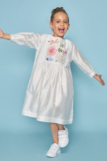 Shop_Joey & Pooh_White Chanderi, Shantoon Embroidery Dress _Online_at_Aza_Fashions