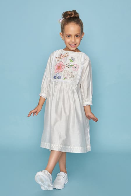 Joey & Pooh_White Chanderi, Shantoon Embroidery Dress _at_Aza_Fashions