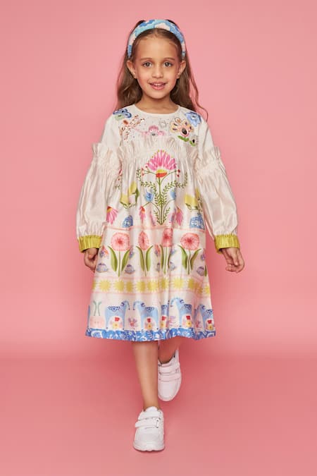 Joey And Pooh Off-White Floral Embroidered Dress 
