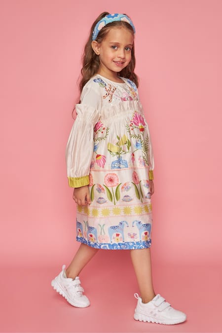 Joey & Pooh_Off White Chanderi Cotton, Viscose, Shantoon Embroidery Floral Dress _Online_at_Aza_Fashions