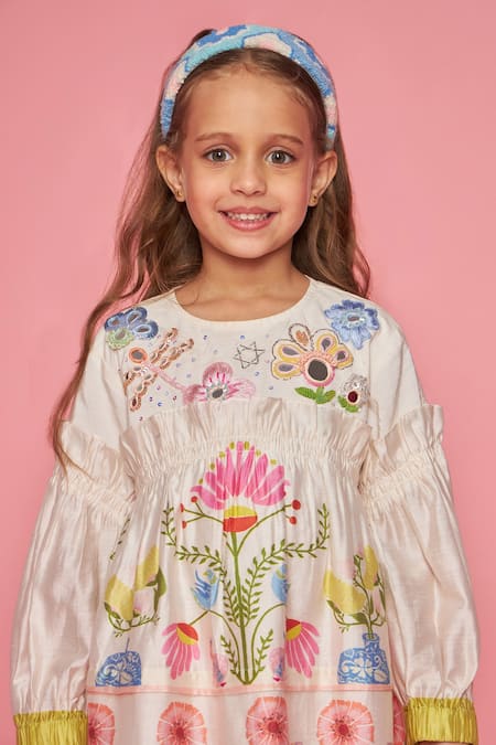 Buy_Joey & Pooh_Off White Chanderi Cotton, Viscose, Shantoon Embroidery Floral Dress _Online_at_Aza_Fashions