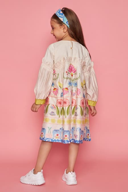 Joey & Pooh Off-White Floral Embroidered Dress 