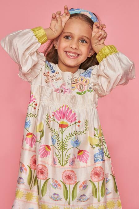 Shop_Joey & Pooh_Off White Chanderi Cotton, Viscose, Shantoon Embroidery Floral Dress _Online_at_Aza_Fashions