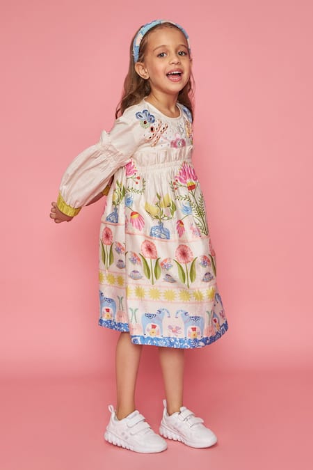 Joey & Pooh_Off White Chanderi Cotton, Viscose, Shantoon Embroidery Floral Dress _at_Aza_Fashions