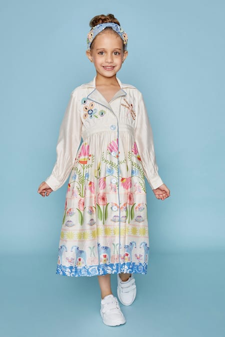 Joey & Pooh_Off White Chanderi Cotton, Viscose Embroidery Floral Dress _Online_at_Aza_Fashions