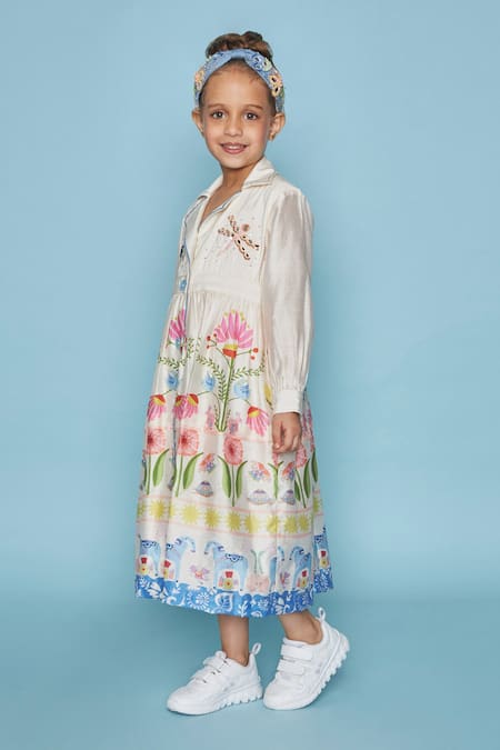 Buy_Joey & Pooh_Off White Chanderi Cotton, Viscose Embroidery Floral Dress _Online_at_Aza_Fashions