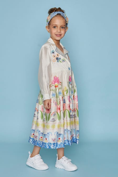 Joey & Pooh_Off White Chanderi Cotton, Viscose Embroidery Floral Dress _at_Aza_Fashions
