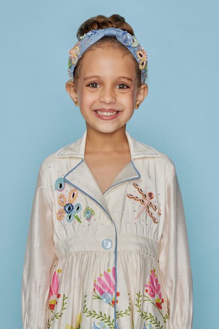 Buy_Joey & Pooh_Off White Chanderi Cotton, Viscose Embroidery Floral Dress 