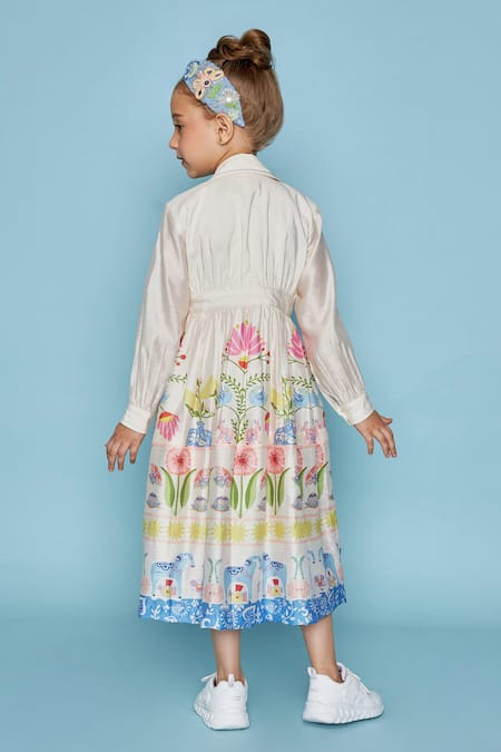 Joey & Pooh Floral Embroidered Off-White Dress 