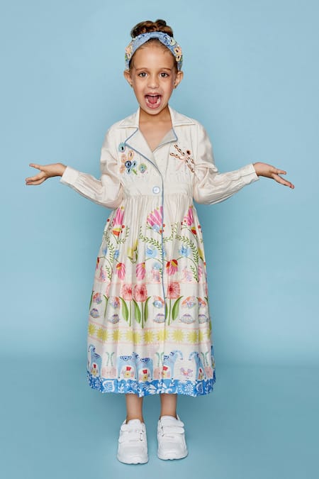 Joey And Pooh Floral Embroidered Off-White Dress 