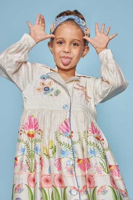 Shop_Joey & Pooh_Off White Chanderi Cotton, Viscose Embroidery Floral Dress 