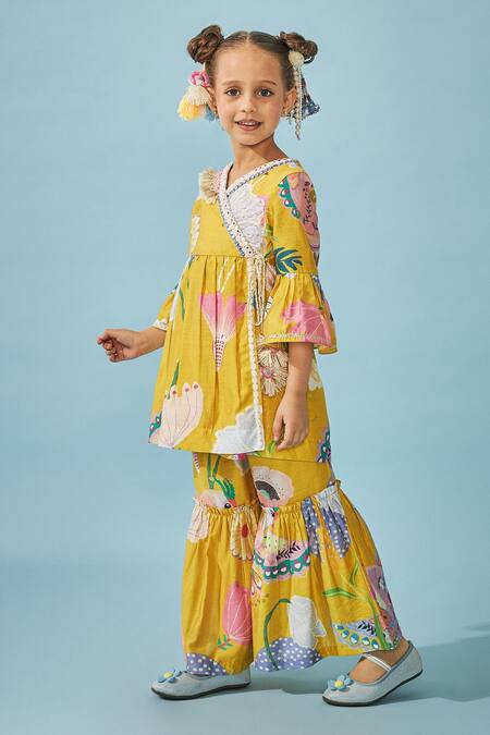 Buy_Joey & Pooh_Yellow Cotton, Chanderi Tassels Floral Print Tunic And Sharara Set _Online_at_Aza_Fashions