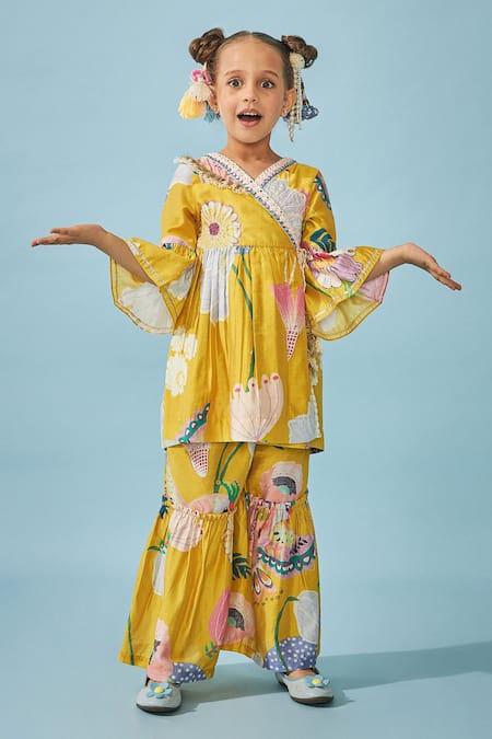 Joey And Pooh Floral Print Yellow Tunic & Sharara Set 