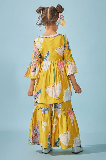 Joey & Pooh Floral Print Yellow Tunic & Sharara Set 