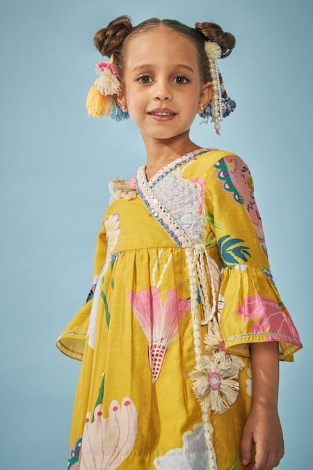 Shop_Joey & Pooh_Yellow Cotton, Chanderi Tassels Floral Print Tunic And Sharara Set _Online_at_Aza_Fashions