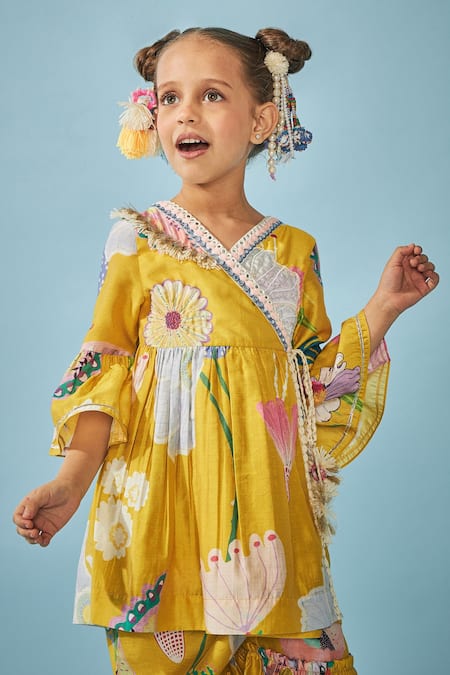 Joey & Pooh_Yellow Cotton, Chanderi Tassels Floral Print Tunic And Sharara Set _at_Aza_Fashions