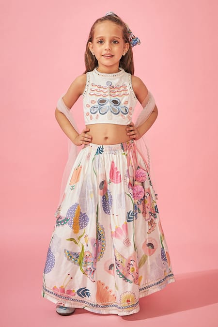 Joey And Pooh White Floral Embroidered Lehenga Set 