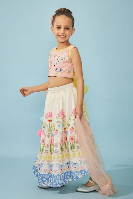 Joey & Pooh_Off White Cotton, Chanderi, Viscose Pom-poms, Tassels, Embroidery Lehenga Set _Online_at_Aza_Fashions