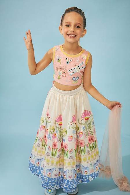 Joey And Pooh Embroidered Off-White Lehenga Set 