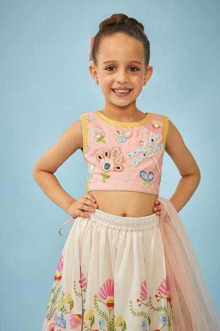 Buy_Joey & Pooh_Off White Cotton, Chanderi, Viscose Pom-poms, Tassels, Embroidery Lehenga Set _Online_at_Aza_Fashions