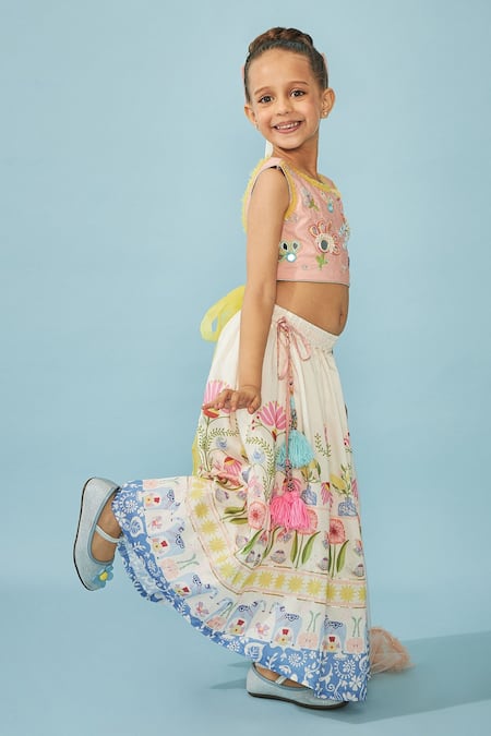 Shop_Joey & Pooh_Off White Cotton, Chanderi, Viscose Pom-poms, Tassels, Embroidery Lehenga Set _Online_at_Aza_Fashions