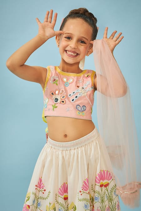 Joey & Pooh_Off White Cotton, Chanderi, Viscose Pom-poms, Tassels, Embroidery Lehenga Set _at_Aza_Fashions