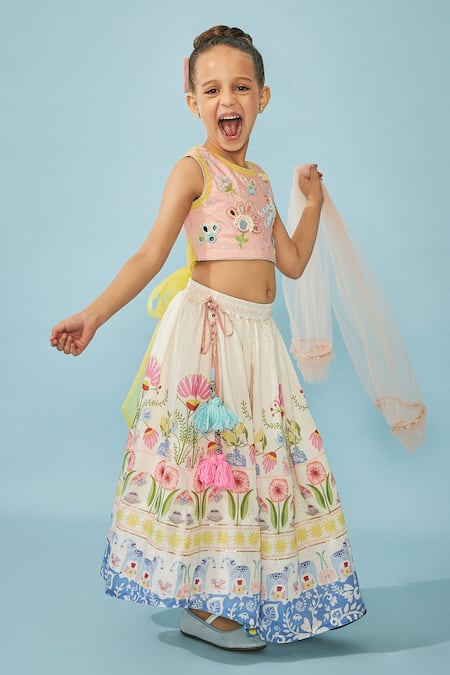 Buy_Joey & Pooh_Off White Cotton, Chanderi, Viscose Pom-poms, Tassels, Embroidery Lehenga Set 