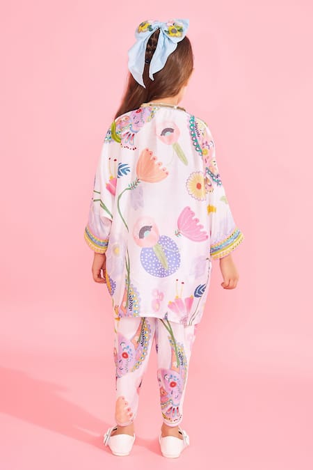 Joey & Pooh White Floral Print Tunic & Pant Set 