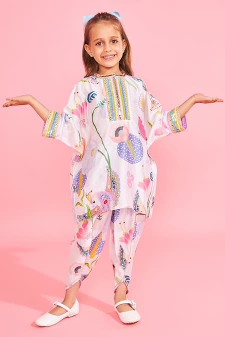 Joey & Pooh_White Chanderi , Chanderi, Embroidery Floral Print Tunic And Pant Set _Online_at_Aza_Fashions