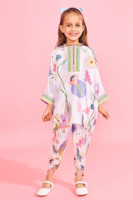 Joey And Pooh White Floral Print Tunic & Pant Set 