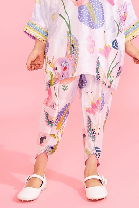 Joey & Pooh_White Chanderi , Chanderi, Embroidery Floral Print Tunic And Pant Set _at_Aza_Fashions