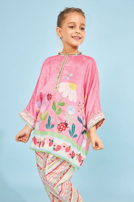 Joey & Pooh_Pink Chanderi , Chanderi, Embroidery Floral Tunic And Trousers Set _Online_at_Aza_Fashions