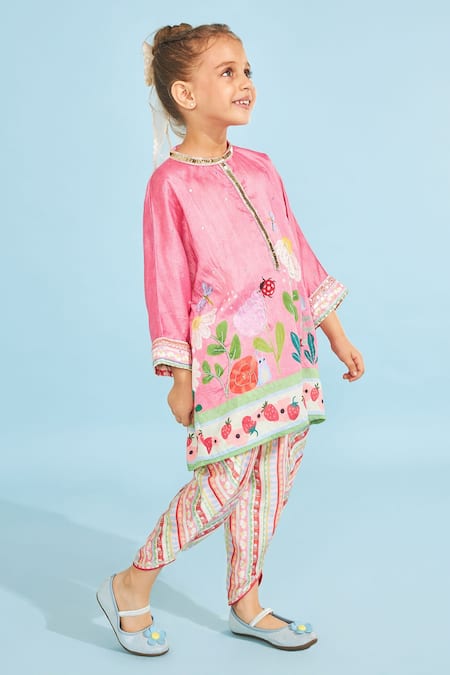 Shop_Joey & Pooh_Pink Chanderi , Chanderi, Embroidery Floral Tunic And Trousers Set _Online_at_Aza_Fashions
