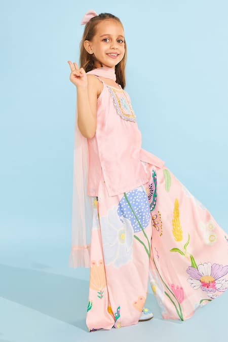 Joey & Pooh_Peach Cotton, Chanderi, Modal, Satin, Viscose Floral Tunic Sharara Set _Online_at_Aza_Fashions