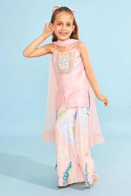 Buy_Joey & Pooh_Peach Cotton, Chanderi, Modal, Satin, Viscose Floral Tunic Sharara Set _Online_at_Aza_Fashions