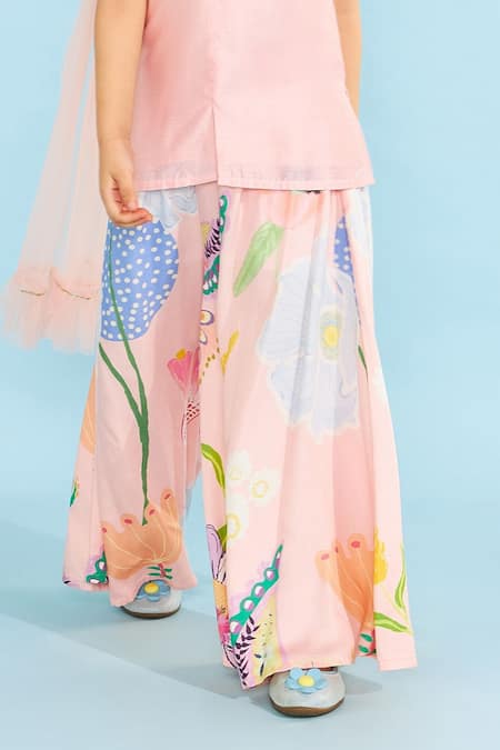 Shop_Joey & Pooh_Peach Cotton, Chanderi, Modal, Satin, Viscose Floral Tunic Sharara Set _Online_at_Aza_Fashions